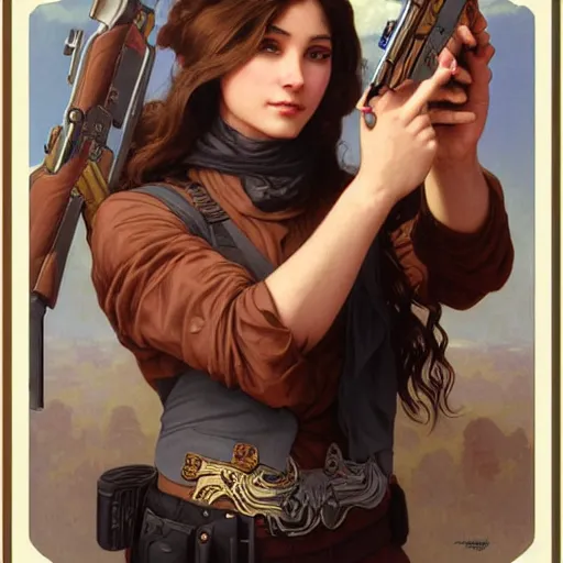 Image similar to a portrait painting of a gunslinger fantasy lady, highly detailed, art by tristan eaton and artgerm and william - adolphe bouguereau