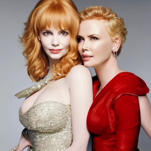 Prompt: portrait of christina hendricks and charlize theron hybrid by mario testino, 3 / 4 view, detailed, award winning, sony a 7 r