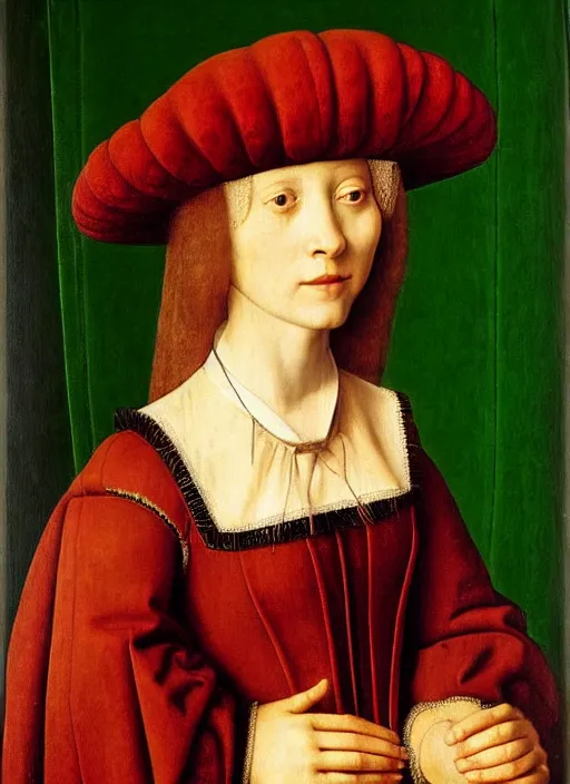 Image similar to portrait young woman young woman in renaissance dress and hat, art by jan van eyck,