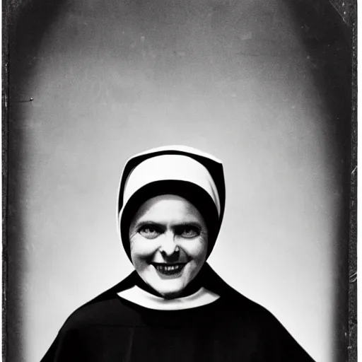 Image similar to antique photograph of an evil catholic nun, crazy eyes wide open, horror, staring at the camera, evil smile, sharp teeth, headshot, dark background, low exposure, cracked and faded, dark