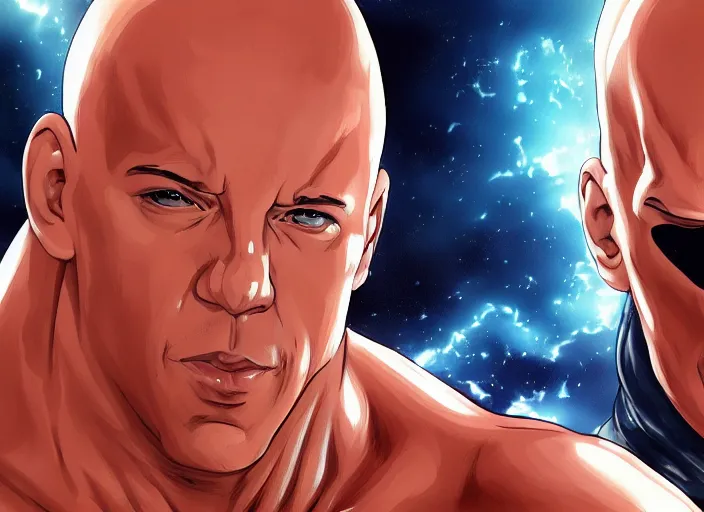 Image similar to landscape, long shot of distant vin diesel as saitama! punching!!! a car!!!!!! into space, hyperrealism, trending on artstation