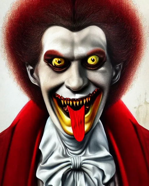 Image similar to dracula ronald mcdonald, character portrait, close up, concept art, intricate details, highly detailed, hyperrealism in the style of otto dix and h. r giger