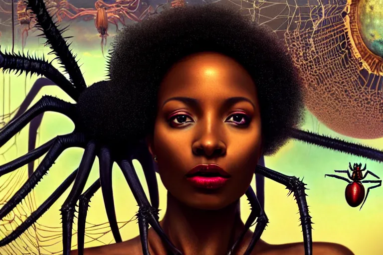 Image similar to realistic detailed closeup portrait movie shot of a beautiful black woman with a giant spider, dystopian city landscape background by denis villeneuve, amano, yves tanguy, alphonse mucha, max ernst, ernst haeckel, kehinde wiley, caravaggio, roger dean, cyber necklace, rich moody colours, sci fi patterns, wide angle