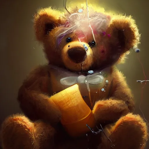 Prompt: a teddy bear mixing chemicals, mad scientist, oil painting, fantasy concept art, trending on art station, stunning visuals, creative, cinematic, ultra detailed