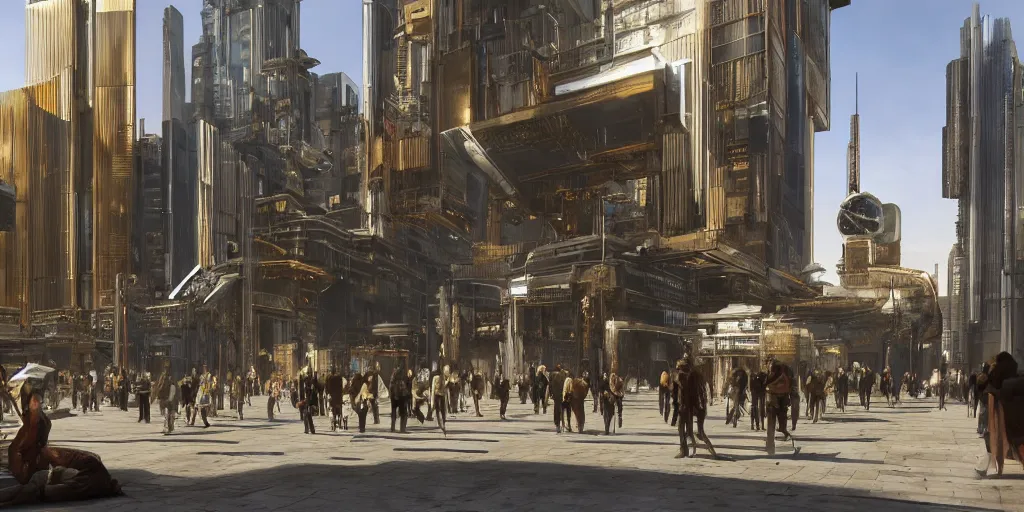 Prompt: cyberpunk neoclassical architecture, material brass & copper gold, crowds of homeless people, realistic fantasy render