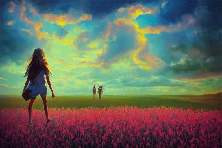 Image similar to giant gladiola head, girl walking in field of flowers, surreal photography, sunrise, blue sky, dramatic light, impressionist painting, digital painting, artstation, simon stalenhag