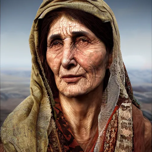 Image similar to hyperrealistic mixed media high resolution image of a beautiful Kurdish grandmother, stunning 3d render inspired art by István Sándorfi and Greg Rutkowski and Unreal Engine, perfect symmetry, dim volumetric lighting, 8k octane beautifully detailed render, post-processing, extremely hyper-detailed, intricate, epic composition, highly detailed attributes, highly detailed atmosphere, full body shot, cinematic lighting, masterpiece, trending on artstation, very very detailed, masterpiece, stunning, flawless structure, lifelike texture, perfection,