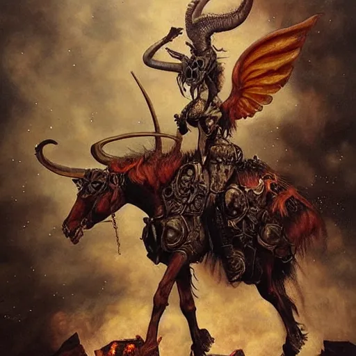 Image similar to a hyperrealistic painting of a beautiful woman with demonic horns wearing steampunk goggles, riding a horse into the fires of hell, by santiago caruso, highly detailed,