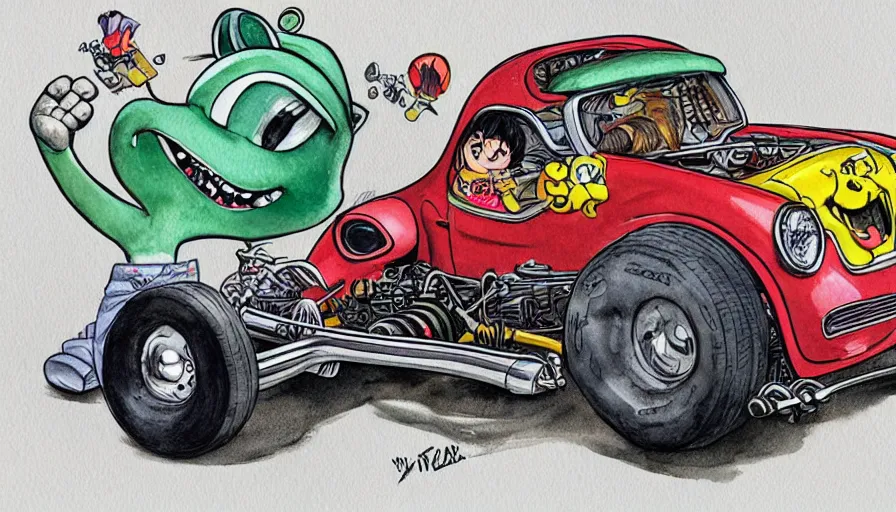 Image similar to funny, racoon riding in a tiny hot rod coupe with oversized engine, ratfink style by ed roth, centered award winning watercolor pen illustration, by chihiro iwasaki, edited by range murata