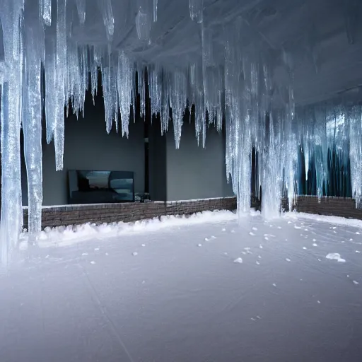 Image similar to a living room, frozen, covered completely in ice