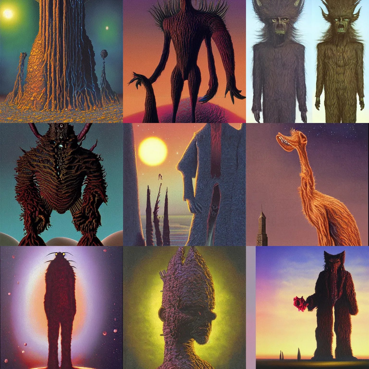 Prompt: Artwork by Tim White of Abe the Forgotten Beast, A towering humanoid composed of rose gold, with a gaunt appearance and a matted grey fur