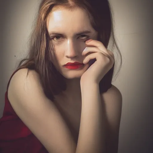 Prompt: a photo of a young woman. moody and melanchonic. with a little bit of red and yellow