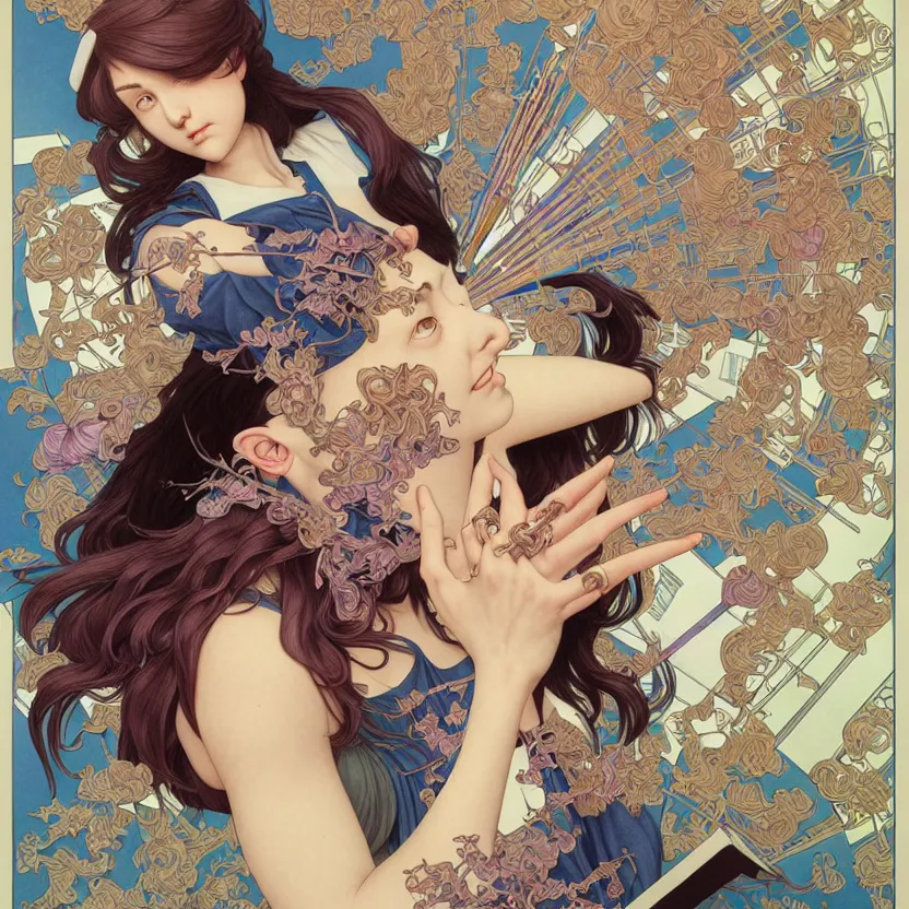 Prompt: ' female college student in class studying noise rock music ', beautiful shadowing, 3 d shadowing, reflective surfaces, illustrated completely, 8 k beautifully detailed pencil illustration, extremely hyper - detailed pencil illustration, intricate, epic composition, masterpiece, bold complimentary colors. stunning masterfully illustrated by artgerm, range murata, alphonse mucha.