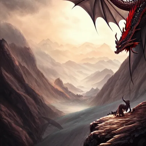Prompt: dragon watching the world underneath, mountains, d & d, fantasy, intricate, elegant, highly detailed, digital painting, artstation, concept art, smooth, sharp focus, illustration, art by artgerm and dragolisco