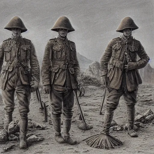 Image similar to ultra detailed photorealistic sepia - toned painting from 1 9 1 7, three british soldiers standing at an archaeological dig site in wadi rum, ultra realistic, painted, intricate details, lovecraft, atmospheric, dark, horror, brooding, highly detailed, by clyde caldwell