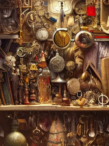 Image similar to a really messy shelf, full of different trinkets. intricate, elegant, highly detailed, digital painting, artstation, concept art, sharp focus, illustration, by justin gerard and artgerm, 8 k