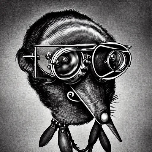 Image similar to a rat with steampunk googles, by HR Giger