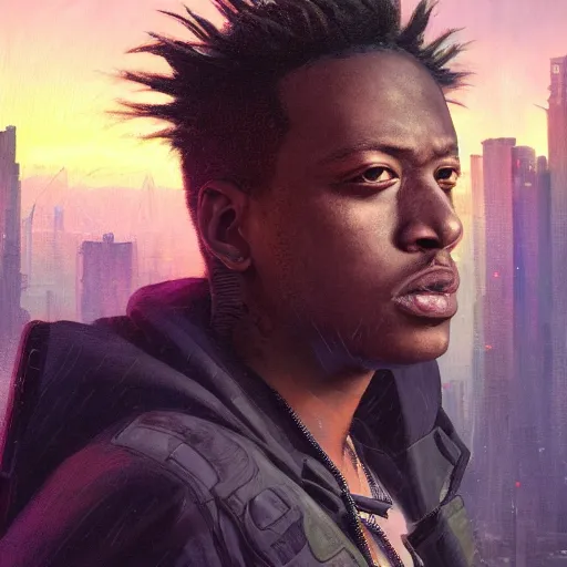 Image similar to cyberpunk, closeup portrait of a juice wrld, dramatic light, city background, sunset, dystopian setting, high contrast, sharp, neuromancer, henry dorsett case, painted by stanley lau, painted by greg rutkowski, painted by stanley artgerm, digital art, trending on artstation