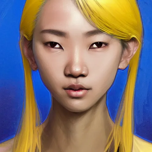 Image similar to filipino girl blue - yellow hair, metal plate, nasal strip, nose cast, intricate, elegant, highly detailed, my rendition, digital painting, artstation, concept art, smooth, sharp focus, illustration, art by artgerm and greg rutkowski and alphonse mucha and uang guangjian and gil elvgren and sachin teng, symmetry!!