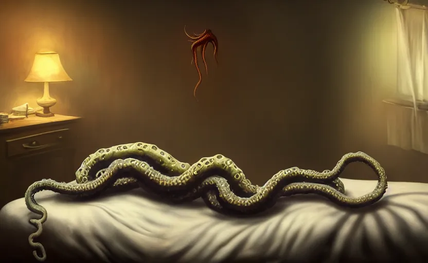 Prompt: matte oil painting of a lovecraftian tentacle creature crawling onto a bed inside a bedroom, extremely graphic, disturbing, cinematic, 4 k, 8 k