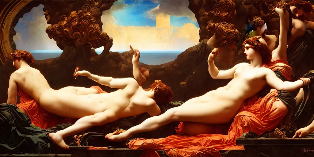 Image similar to greek mythology, an art deco painting by Frederic Leighton and Daniel Maclise and Rolf Armstrong and Evelyn De Morgan and Bastien Lecouffe-Deharme, dutch golden age, dramatic lighting, high contrast colors, baroque, empyrean, panoramic view, cgsociety, highly detailed, doom engine,