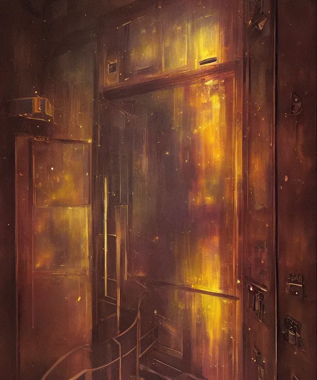 Image similar to horrifying full color photorealistic painting of a 1 9 2 5 hotel elevator opening up to a disorted view of the cosmos, dark, atmospheric, brooding, smooth, finely detailed, cinematic, epic, in the style of lee gibbons