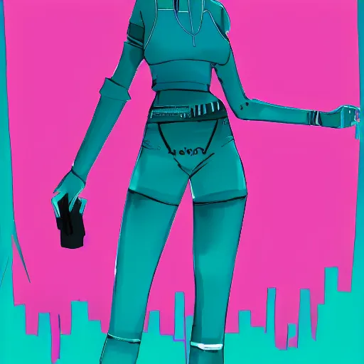 Image similar to female anthro character in teal and pink cyberpunk style, hd,