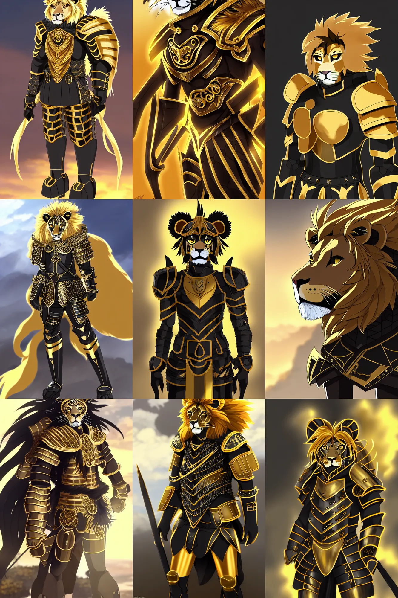 Prompt: anthro lion army general with black and gold roman armor, fursona, anthro, anime key visual, detailed armor, detailed fur, makoto shinkai, portrait