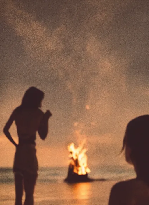 Prompt: a 3 5 mm photo from the back of a woman watching a bonfire on the beach, splash art, movie still, bokeh, canon 5 0 mm, cinematic lighting, dramatic, film, photography, golden hour, depth of field, award - winning, anamorphic lens flare, 8 k, hyper detailed, 3 5 mm film grain