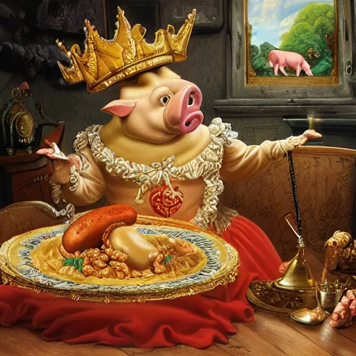 Prompt: pig wearing gold crown eating polish sausage, Realistic, Regal, Refined, Detailed Digital Art, Michael Cheval, Walt Disney (1937), François Boucher, Oil Painting, Steampunk, Highly Detailed, Cinematic Lighting, Unreal Engine, 8k