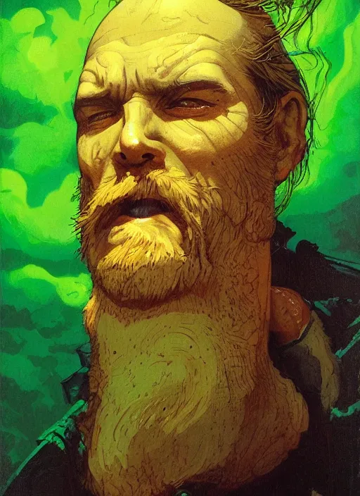 Image similar to portrait of grizzled sailor on sea of green flame, coherent! by brom, deep color, strong line, high contrast