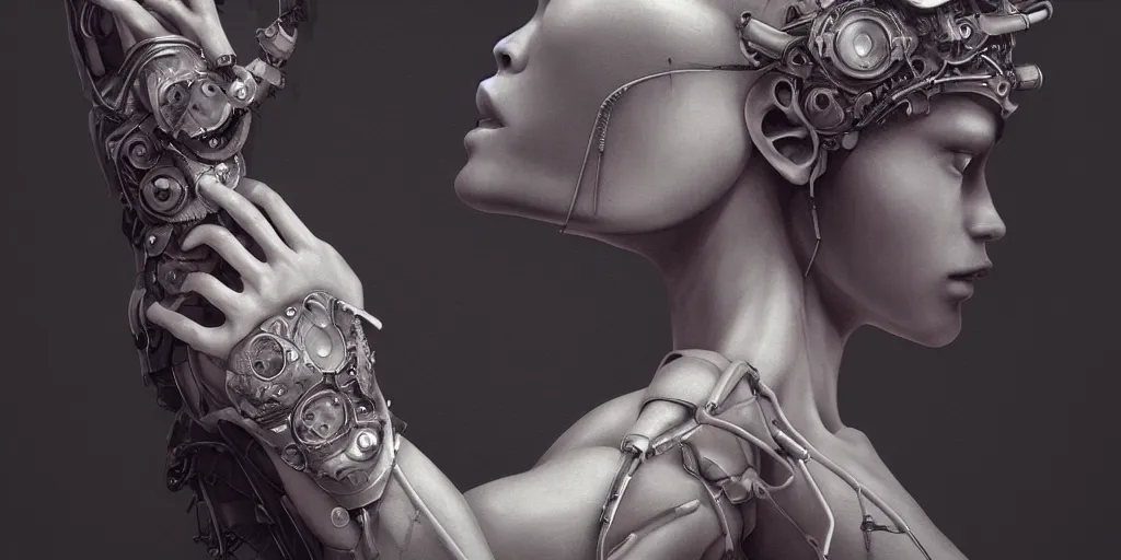 Image similar to hyperrealistic photography of a stunningly beautiful cyborg female, mechanical elbow, plated arm, intimate, holding hands, in the style of beth cavener, jin kagetsu,, and wlop, highly detailed, intricate, face symmetry, masterpiece, award - winning, sharp focus, concept art, high key, ambient lighting, 8 k, artstation