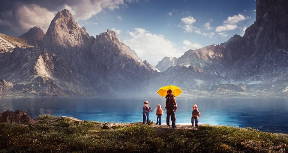 Prompt: An epic landscape photograph of a Mountainrange and a lake, with A family at the center of the image. The man is holding a blue umbrella in his right hand, unreal 5, DAZ, hyperrealistic, octane render, dynamic lighting