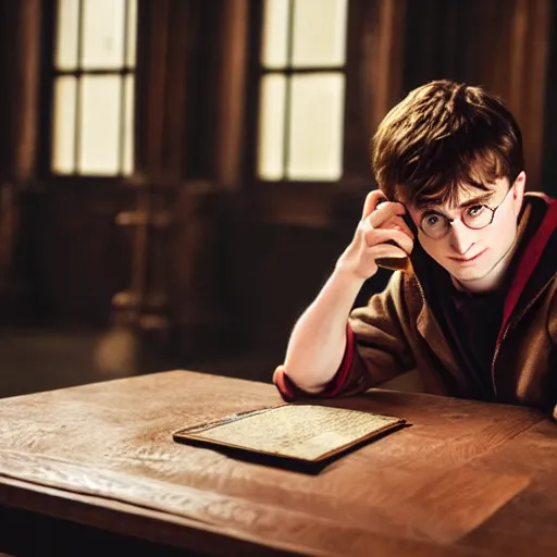 Image similar to photograph of daniel radcliffe as harry potter holding an iphone, canon mark ii, f / 1. 2, 8 k