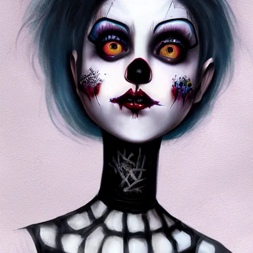 Prompt: goth clown girl, painting, highly detailed, artstation, colorful, beautiful