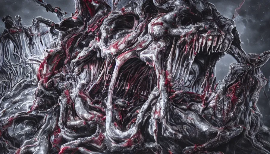 Prompt: a beautiful high - quality photo of an entity of pure darkness devastating a gory marble city, devouring happiness and souls, vomiting blood, dismembering people, body horror, cosmic horror, volumetric lighting, hyperrealistic, very detailed, 8 k