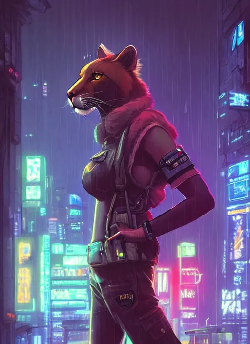 Image similar to beautiful portrait commission of a female furry anthro mountain lion wearing a bullet proof vest and cargo pants. Cyberpunk city at night in the rain. Neon light. Atmospheric. Character design by charlie bowater, ross tran, artgerm, and makoto shinkai, detailed, inked, western comic book art