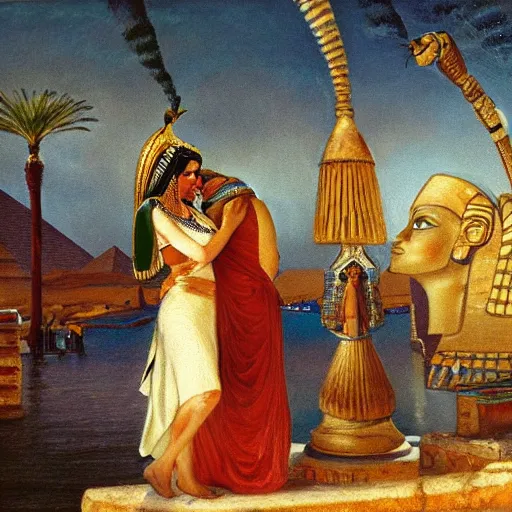 Image similar to an oil panting of cleopatra with her boyfiriend in egypt with fireworks