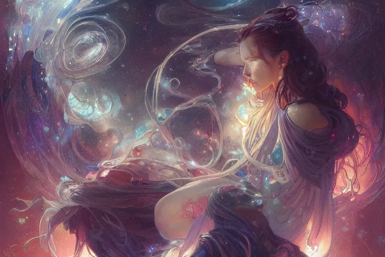 Image similar to ghostly figures in a nebula of sound, arcs of fiery neon light, swirling mystical particles and musical notes floating, beautiful, intricate, highly detailed concept art by artgerm and greg rutkowski and alphonse mucha