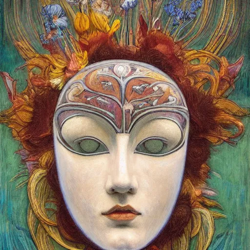 Image similar to masterpiece painting of a facemask made of stylized flowers, by annie swynnerton and jean delville and tino rodriguez and john watkiss, flower mask, art deco shaman, art brut, symbolist, dramatic lighting, god rays, elaborate geometric ornament, clean crisp graphics, soft cool colors, smooth, sharp focus, extremely detailed