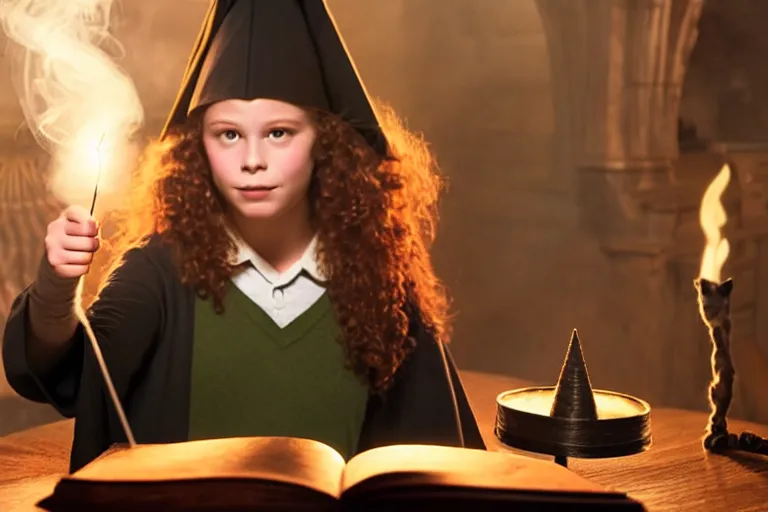 Image similar to close up portrait, dramatic lighting, teen witch calmly pointing a magic wand casting a spell over a large open book on a table with, short hair, cat on the table in front of her, sage smoke, a witch hat cloak, apothecary shelves in the background, still from harry potter and peter pan