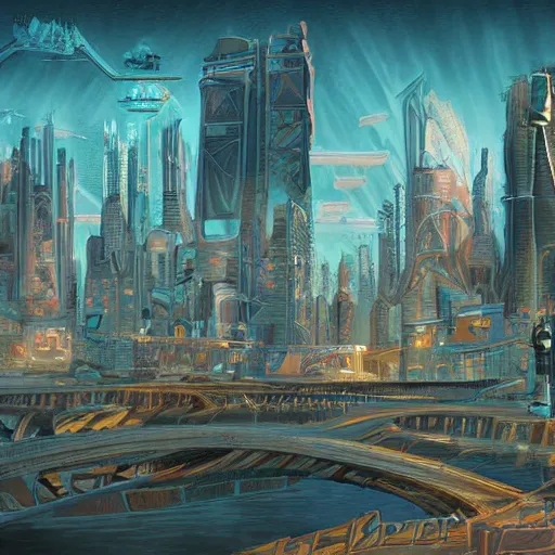 Image similar to vintage poster of a city on a futuristic alien planet, highly detailed, digital painting, concept art, illustration, - h 7 6 8