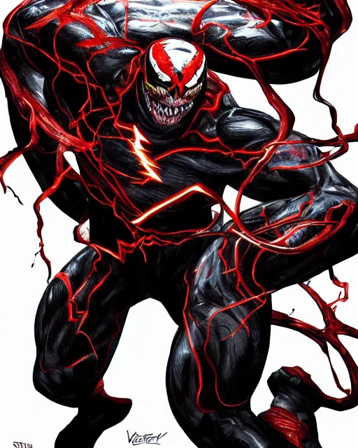 Image similar to venom as the flash, dynamic lighting, fantasy concept art, trending on art station, stunning visuals, creative, cinematic, ultra detailed, comic strip style