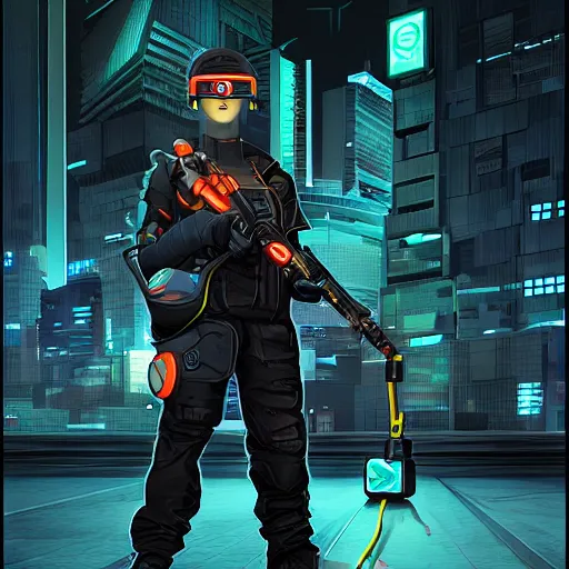 Prompt: cyberpunk android utility worker at night