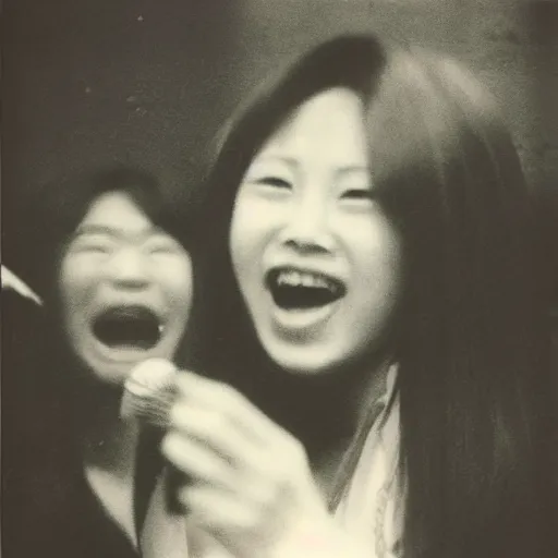 Prompt: a polaroid photograph taken by nobuyoshi araki of a young woman with an ecstatic smile singing passionately in a karaoke bar in tokyo 1 9 7 8