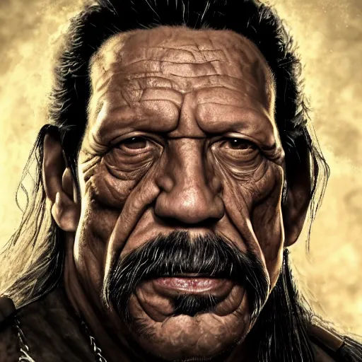 Image similar to Portrait of Danny Trejo, realistic character concept, warhammer fantasy, dark and gritty atmosphere, golden ratio, cinematic lighting, hyperdetailed, high resolution, insanely detailed and intricate, Oscar Soler, trending on artstation