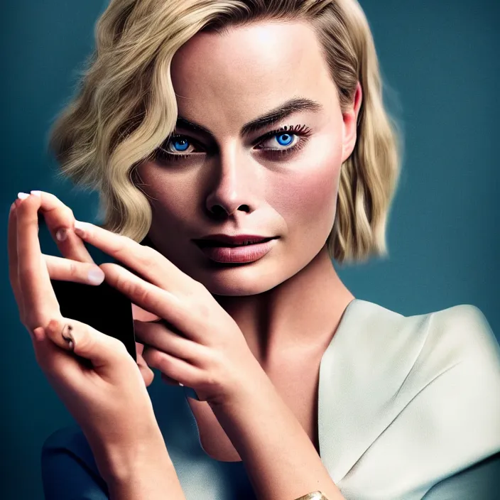 Prompt: portrait of margot robbie, holding iphone. very coherent symmetrical artwork. cinematic, hyper realism, high detail, octane render, 8 k, iridescent accents