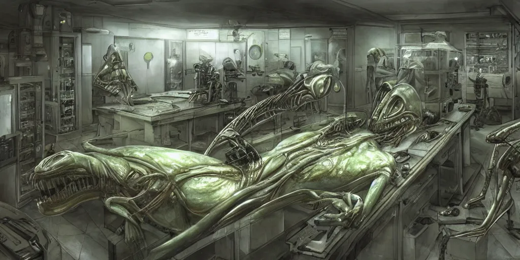 Image similar to Alien autopsy inside a secret Bio hazard Level 4 Research laboratory by John Howe, realistic, highly detailed, Artstation,