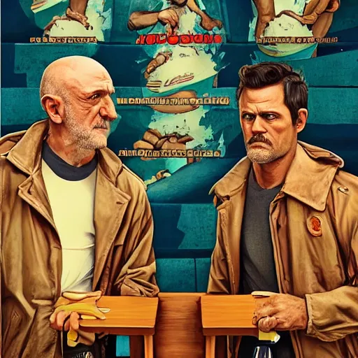 Prompt: mike ehrmantraut and johnny knoxville at a waterpark, movie poster by jc leyendecker, 4 k resolution, detailed, high quality, hq artwork, coherent, insane detail, concept art, character concept, character full body portrait