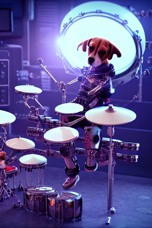 Image similar to high quality 3 d render very cute cyborg beagle plays drums!, cyberpunk highly detailed, unreal engine cinematic smooth, in the style of blade runner & pixar, hannah yata charlie immer, moody light, low angle, uhd 8 k, sharp focus